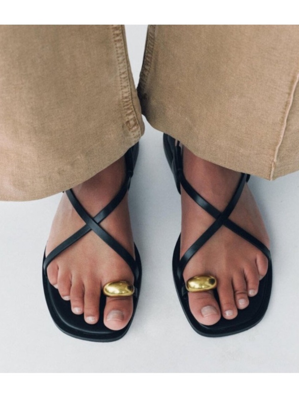 ZARA Black Leather Flat Strappy Gold Metal Toe Sandals - Picture 2 of 15